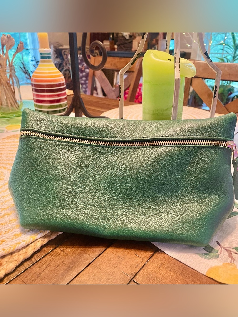 XL Portland Leather Bacalar Green Leather Cosmetic Pouch